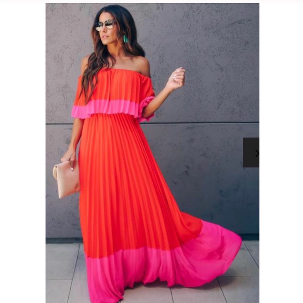 Pleated off the shoulder ruffle maxi dress